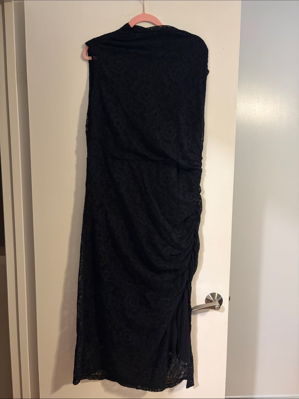 Anthropologie Black Lace Midi Dress with Side Ruching